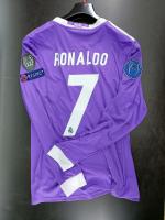 Real Madrid Fußballtrikot Cristiano Ronaldo 7 CR7 Auswärtsfinale UEFA CHAMPIONS LEAGUE Cardiff 2017 Lila Langarm Vintage