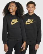 Nike Club Fleece Junior Kinder Jungen Unisex Schwarz Gold Baumwollfleece-Hoodie